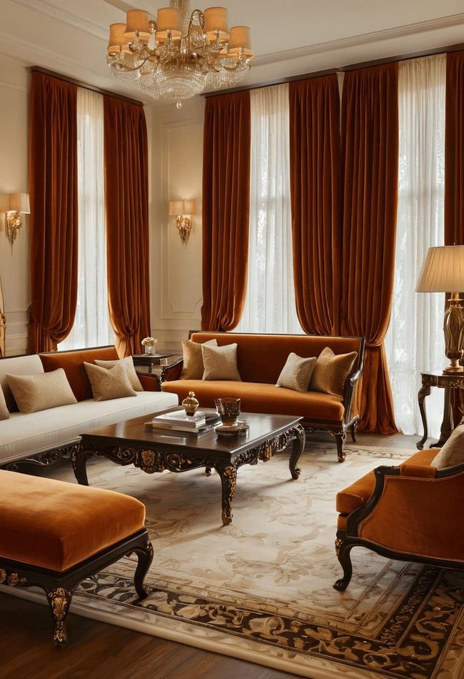 Burnt Orange Velvet Light-Catching Curtains