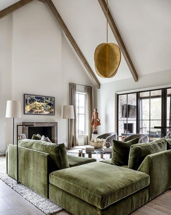 Green Velvet Meets Wooden Beams