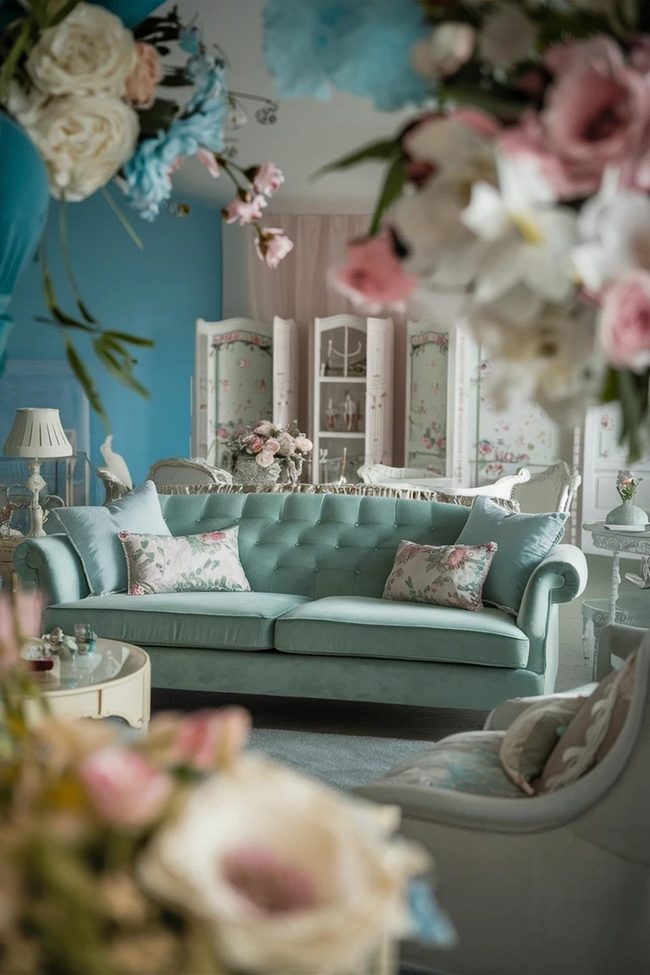 Mint Sofa Blush Pink Flowers