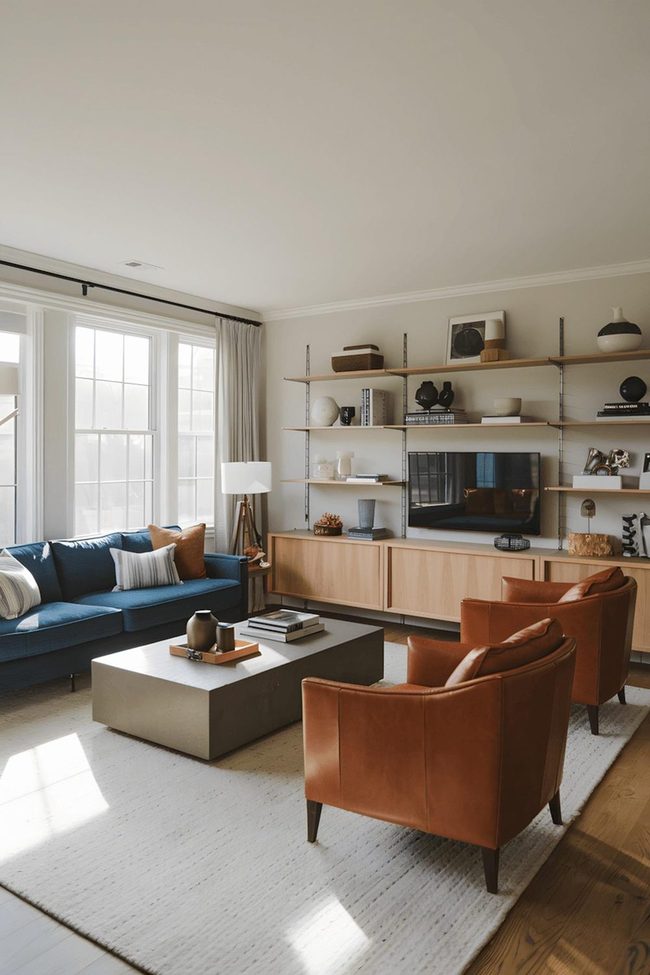 Blue Sofa With Rust Leather Warmth