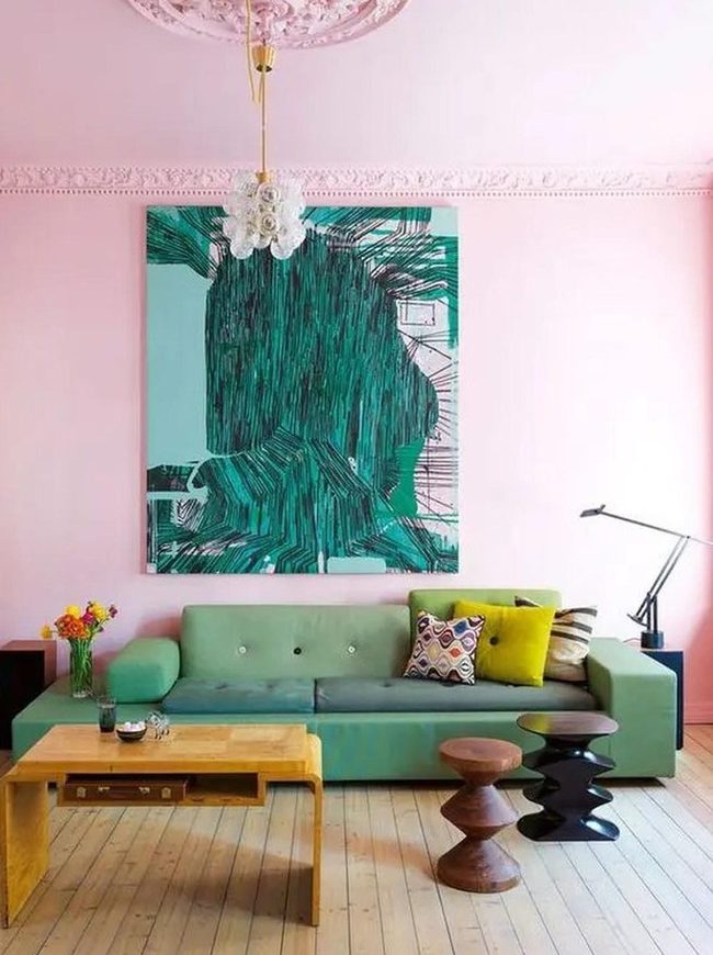 Pink Walls Green Sofa Statement Art