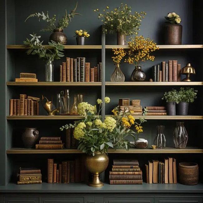 Gold-Trimmed Green Shelves Display