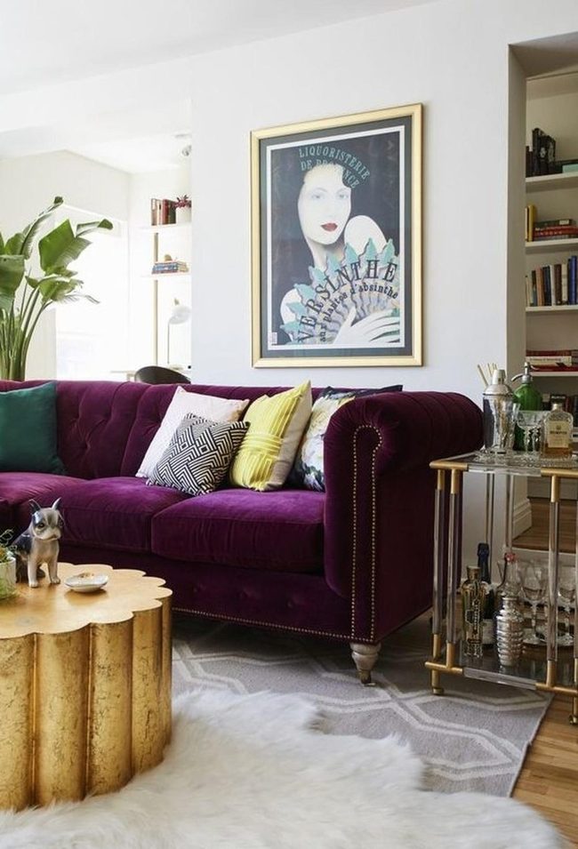 Purple Velvet Sofa With Golden Accents