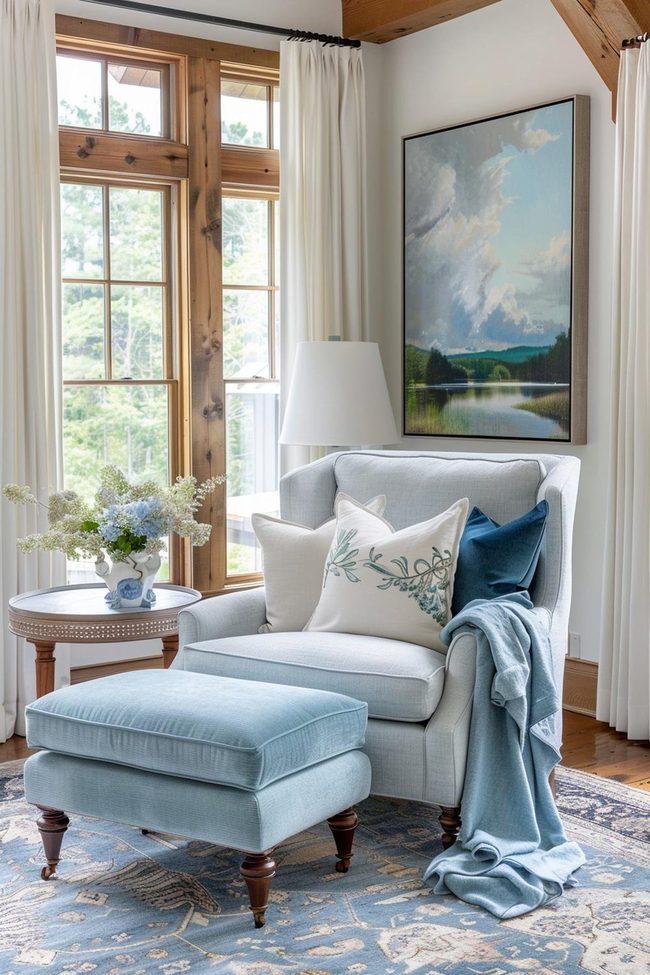 Aquamarine Chair With Seagrass Ottomans