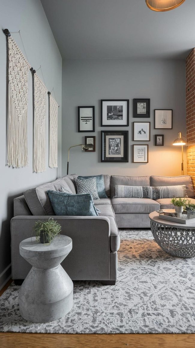 Gray Exposed Brick Bohemian Living