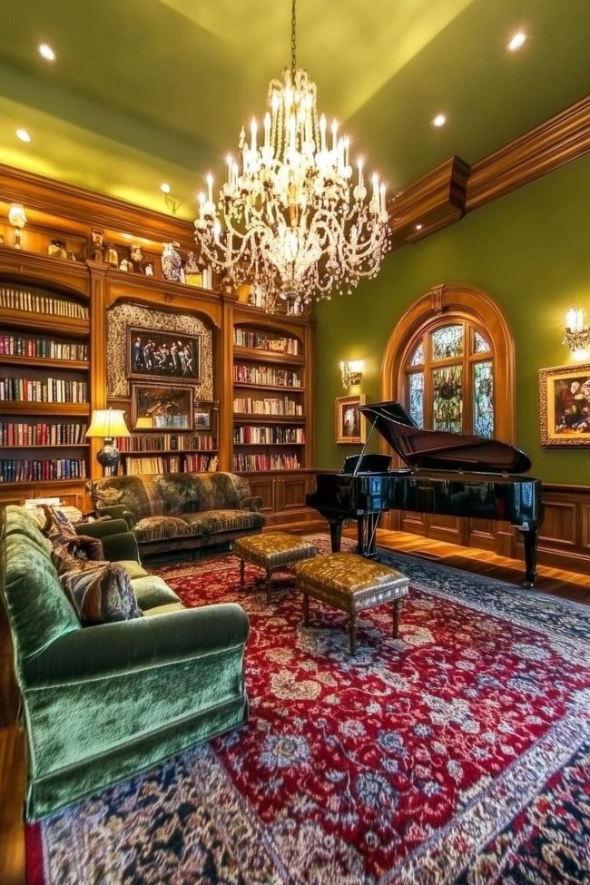 Olive Green Chandelier Library