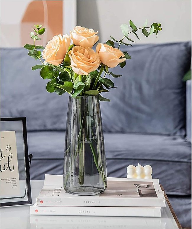 Peach Roses In Clear Glass