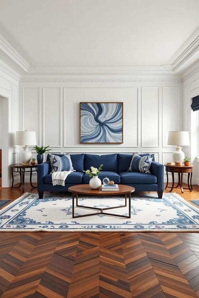 Navy Sofa Anchors White Paneled Room