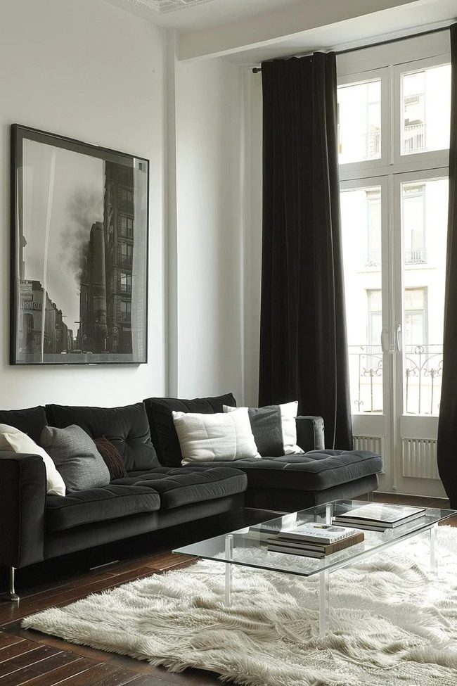 Black Sofa Anchors Modern Minimalism