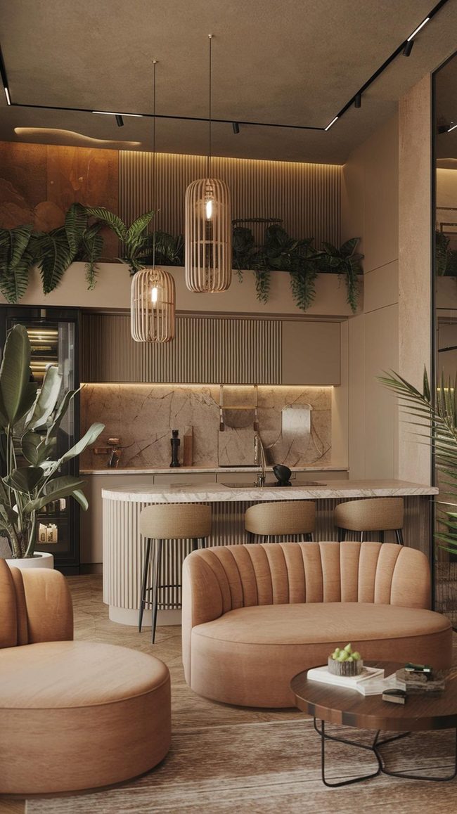 Sculptural Pendant Lights Over Kitchen