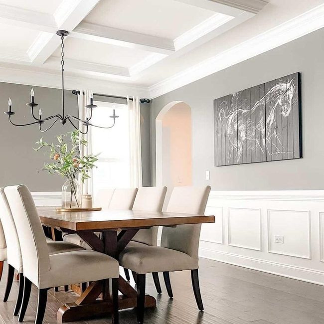 Stained Wood Table, Modern Black Chandelier