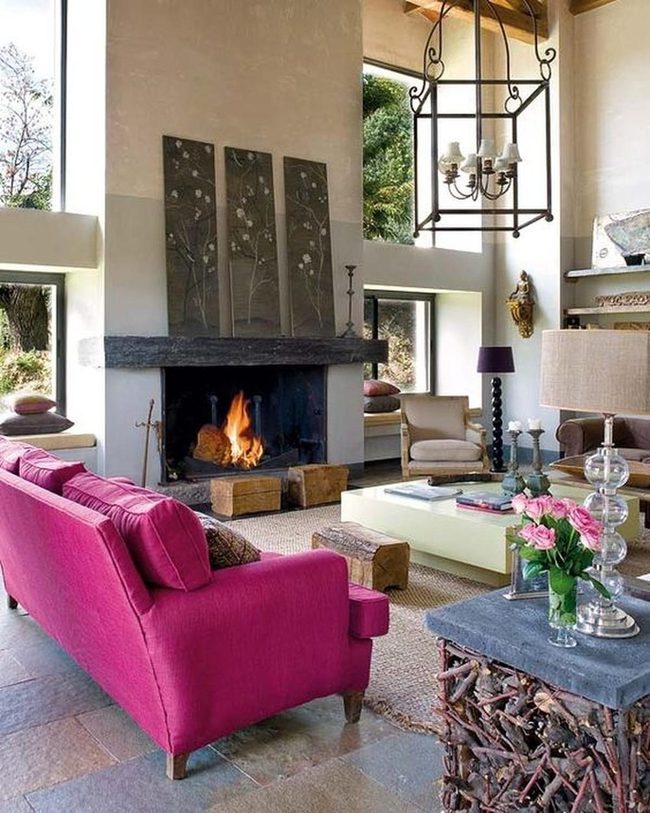Pink Couches, Stone Floors, Fireplace