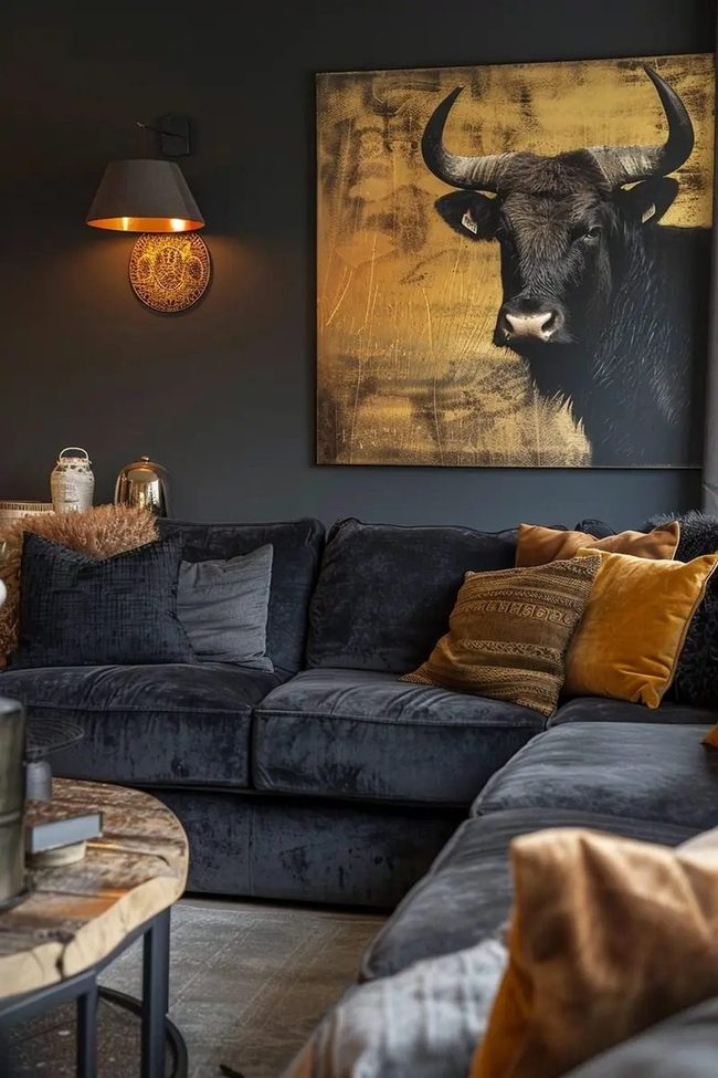Dark Grey Sofa Meets Gold Accents