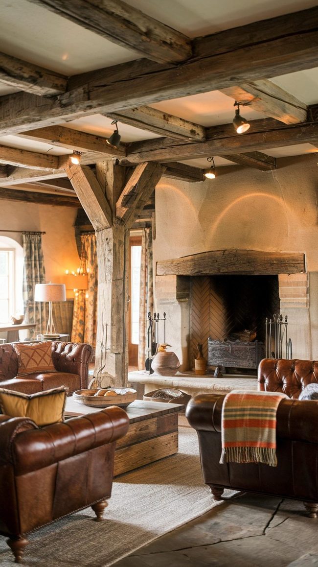 Reclaimed Wood Beams With Raw Stone