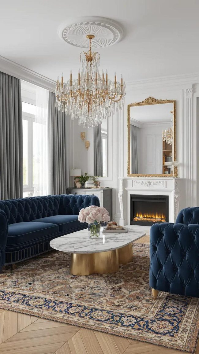 Deep Navy Velvet With Gold Marble