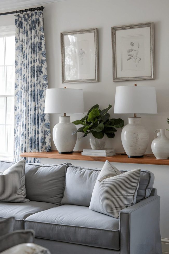 Gray Plush Sofa With Botanical Art Arrangement