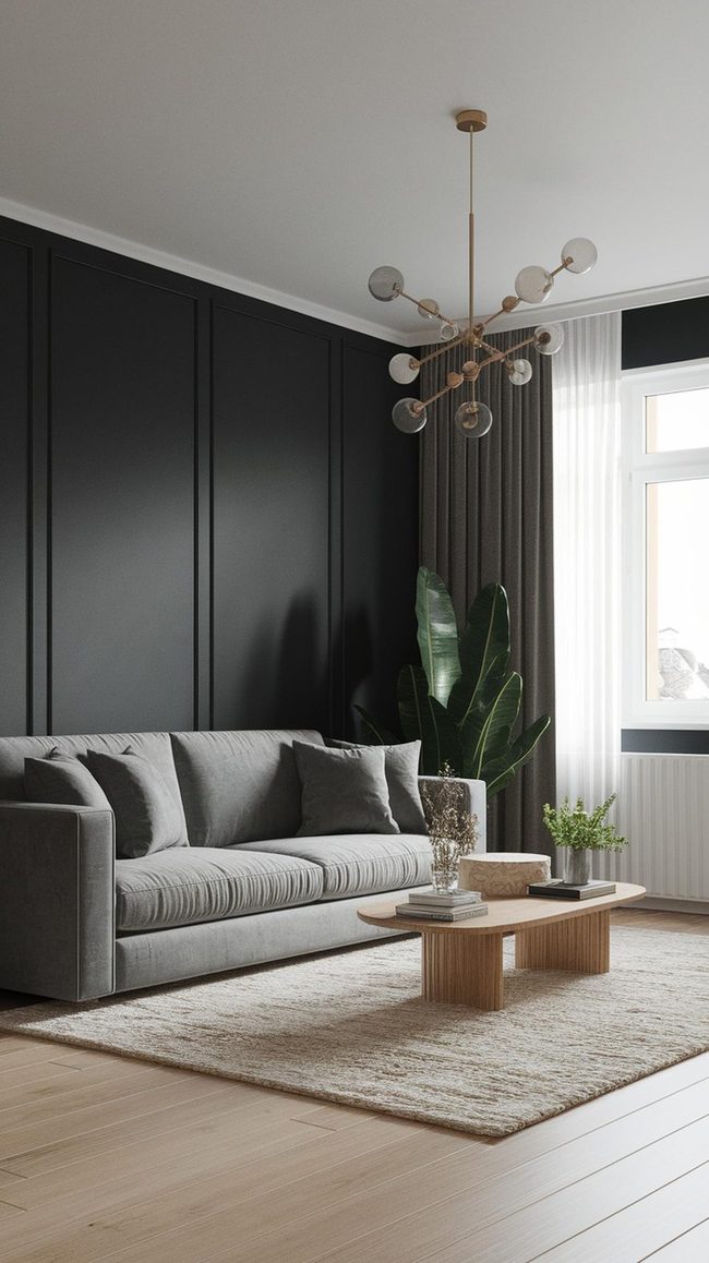 Deep Charcoal Wall With Light Wood Floors