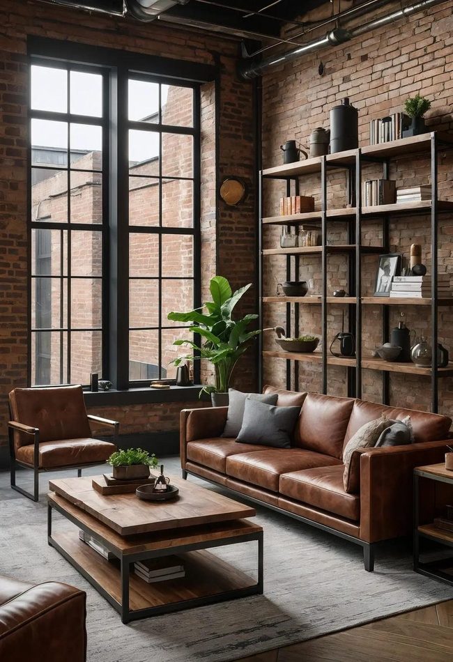 Brown Leather Meets Exposed Steel Oak