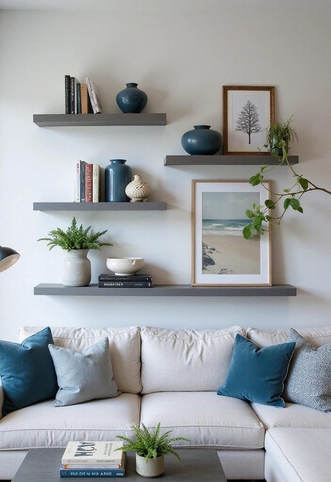Blue Grey Collections On Display Shelves