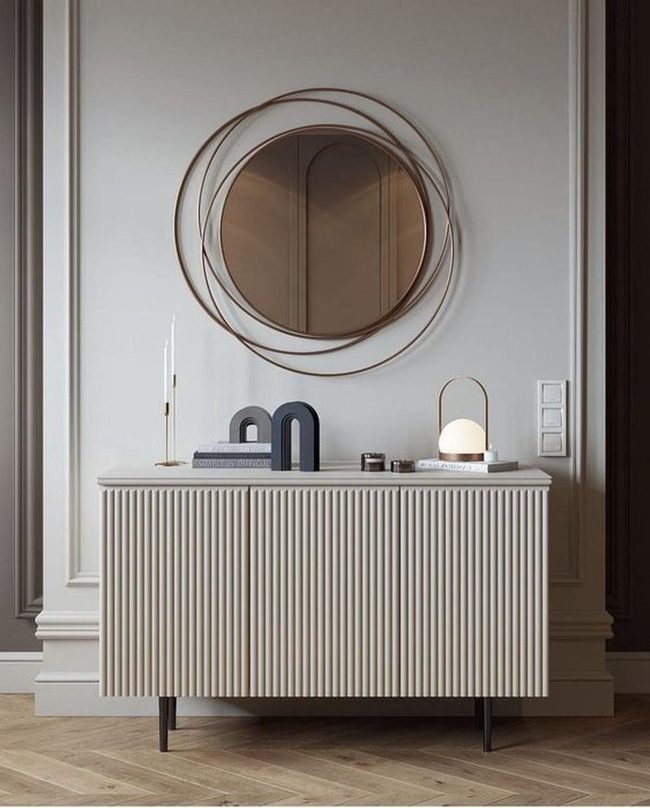Gray Grooved Sideboard With Metal Mirror