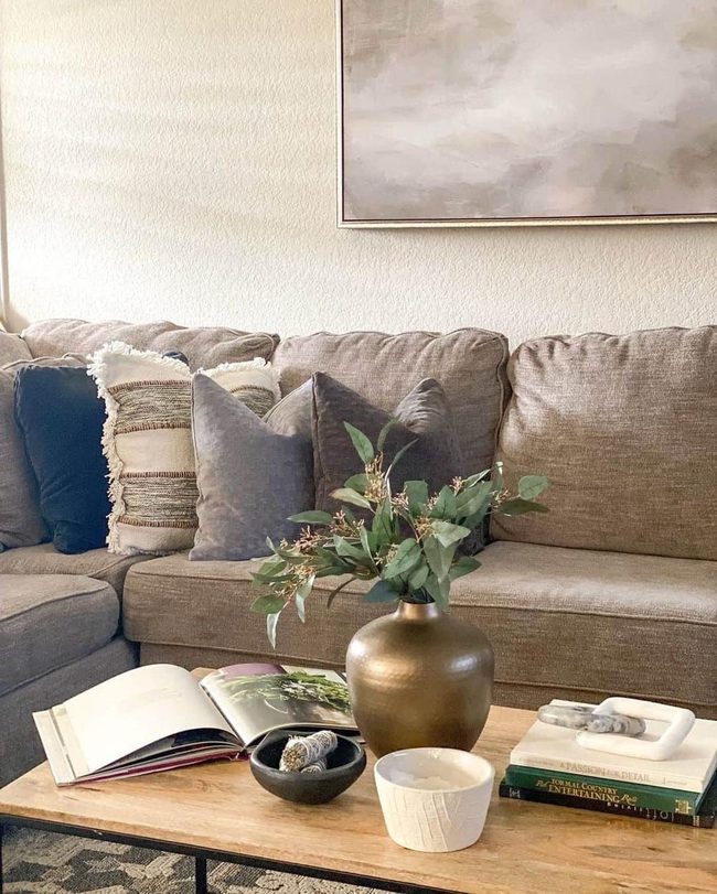 Gray Plush Couch With Brass Accents