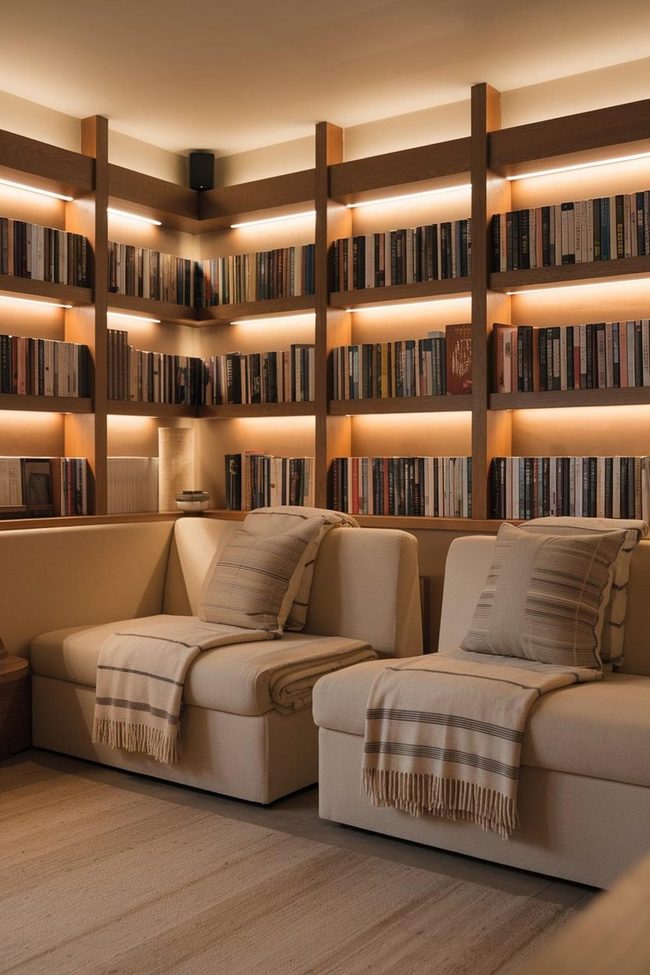 Beige Sofa Among Towering Books