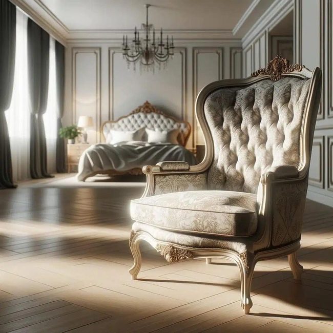 Carved Bergère Chair Gold Damask