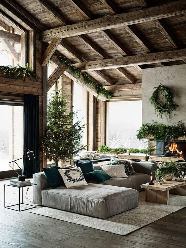 Gray Sofa, Green Wreaths, Mountain Views