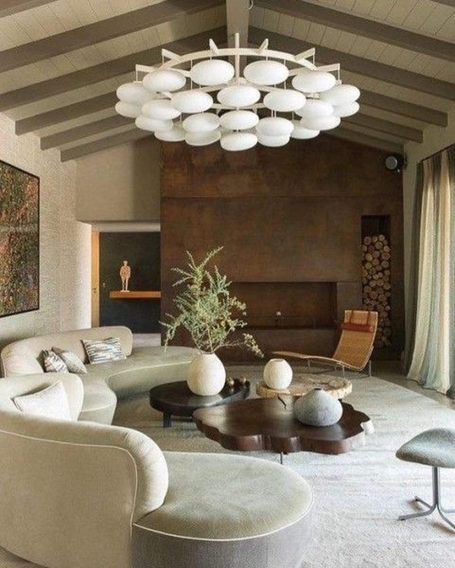 Round Chandelier Meets Earthy Warmth