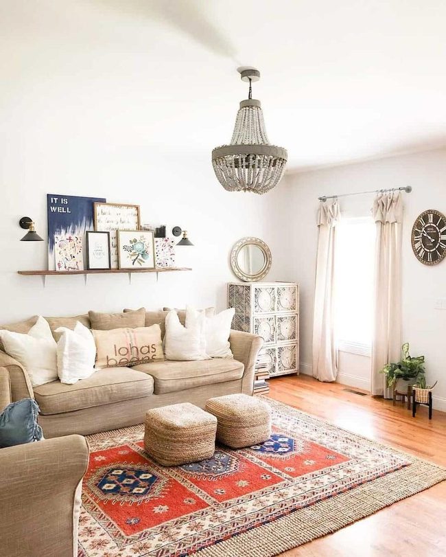 Red Rug Anchors Neutral Eclectic Space