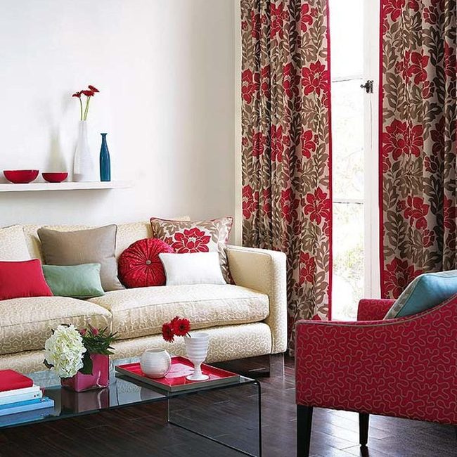 Red Patterned Curtains, Sunlit Interior