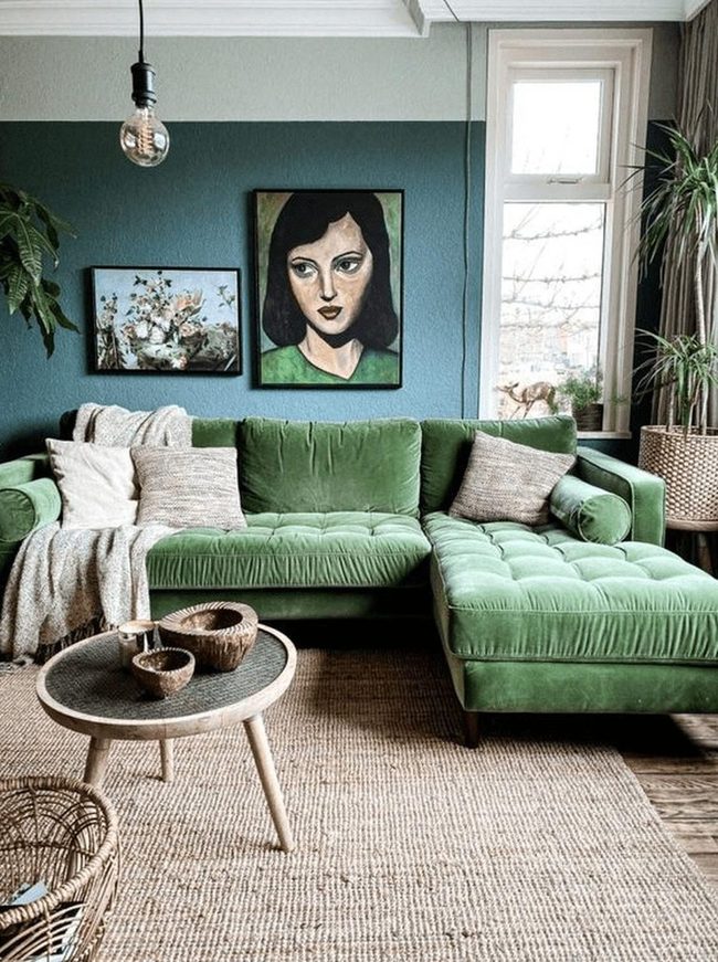 Emerald Velvet Living Room With Natural Light