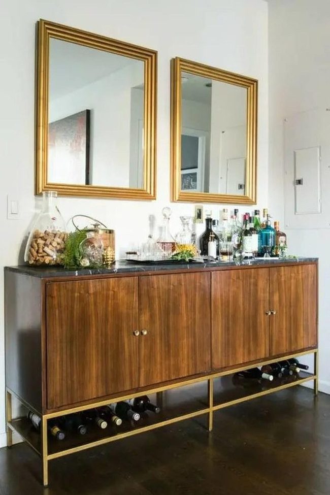 Gold-Trimmed Brown Bar Cabinet