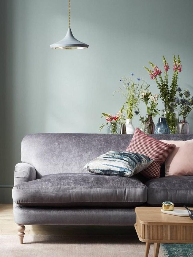 Gray Velvet Sofa, Green Walls