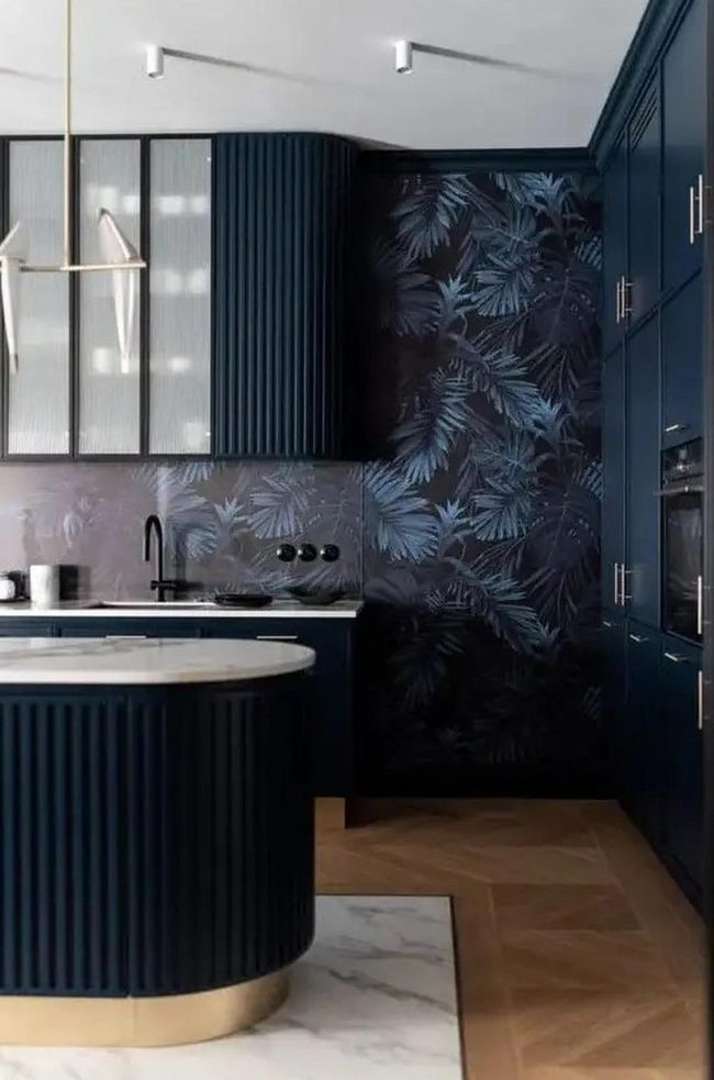 Navy Cabinets With Leafy Pattern Wall