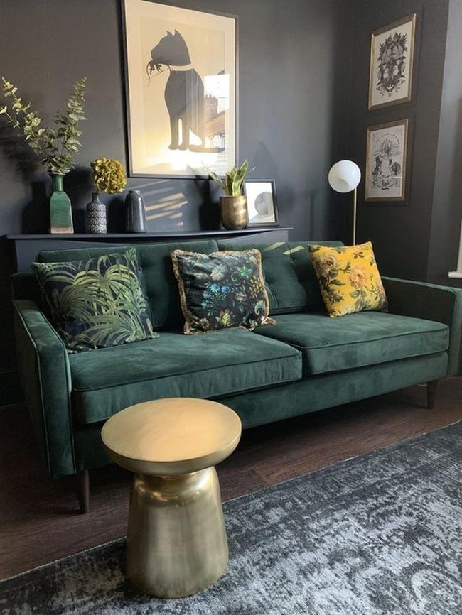 Green Velvet Couch, Deep Blue Walls