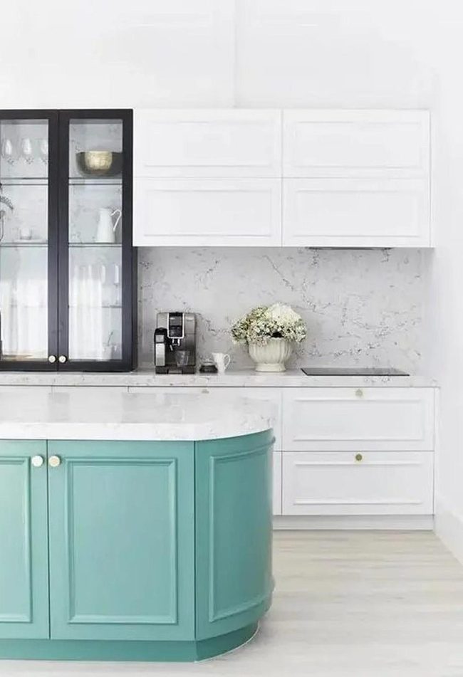 White Teal Marble Kitchen Elegance