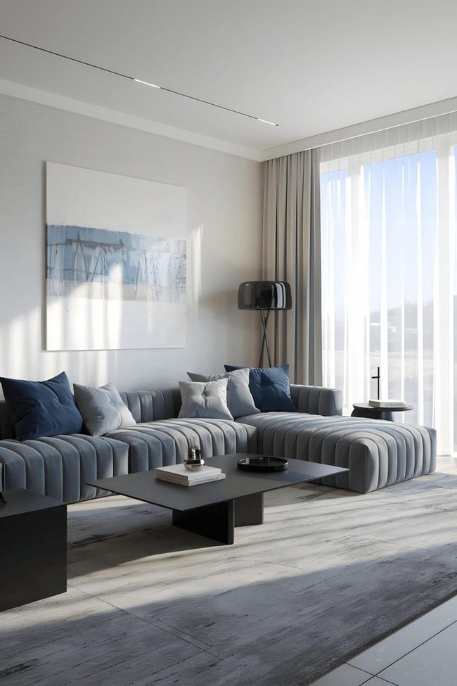 Blue Artistic Brushstrokes Over Grey Sectional