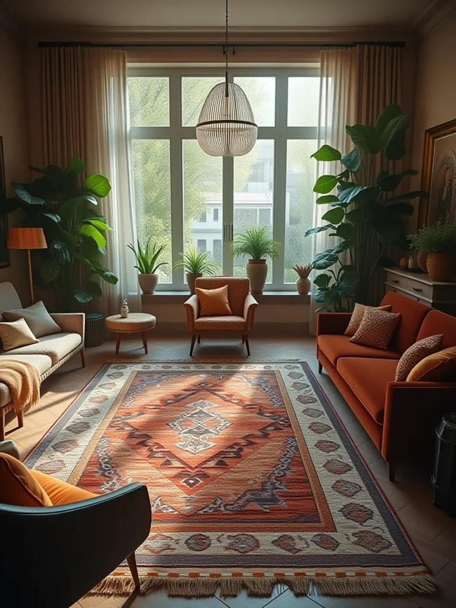 Geometric Rug Anchors Living Room