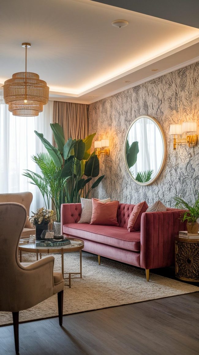 Velvet Sofas With Intricate Wallpaper
