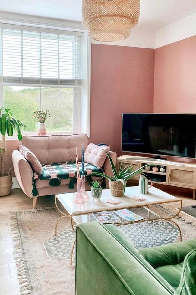 Pink Walls With Emerald Velvet Accents