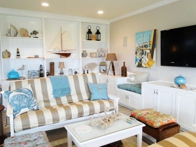 Blue Striped Coastal Living Room