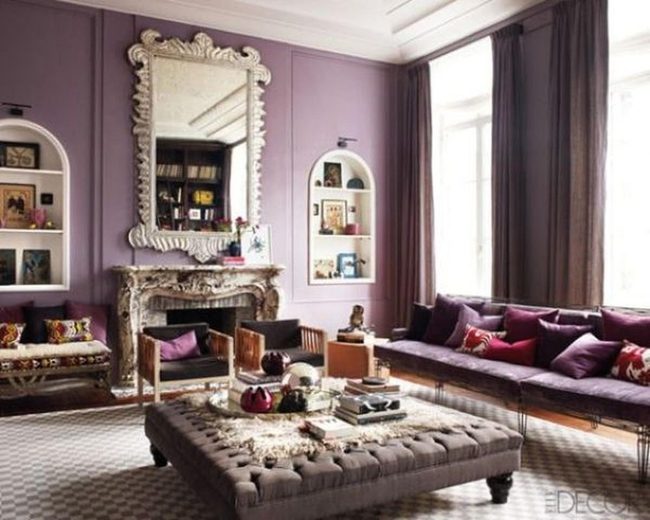 Purple Walls, Patterned Floors, Ornate Mirror
