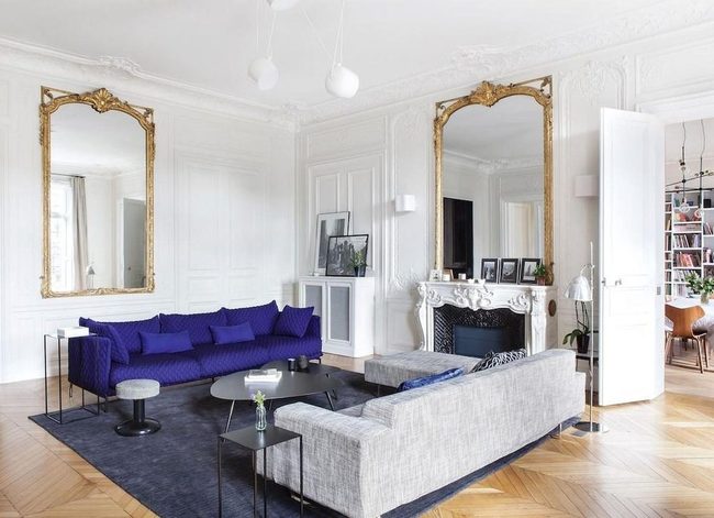Blue Statement Sofa Gold Mirrors
