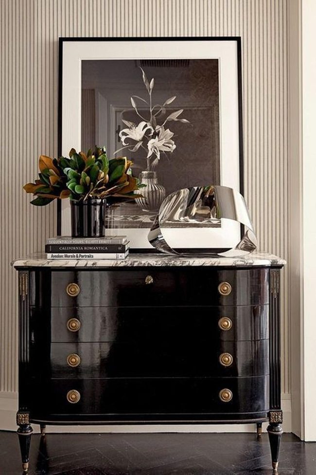 Black Dresser, Golden Handles, Marble Top