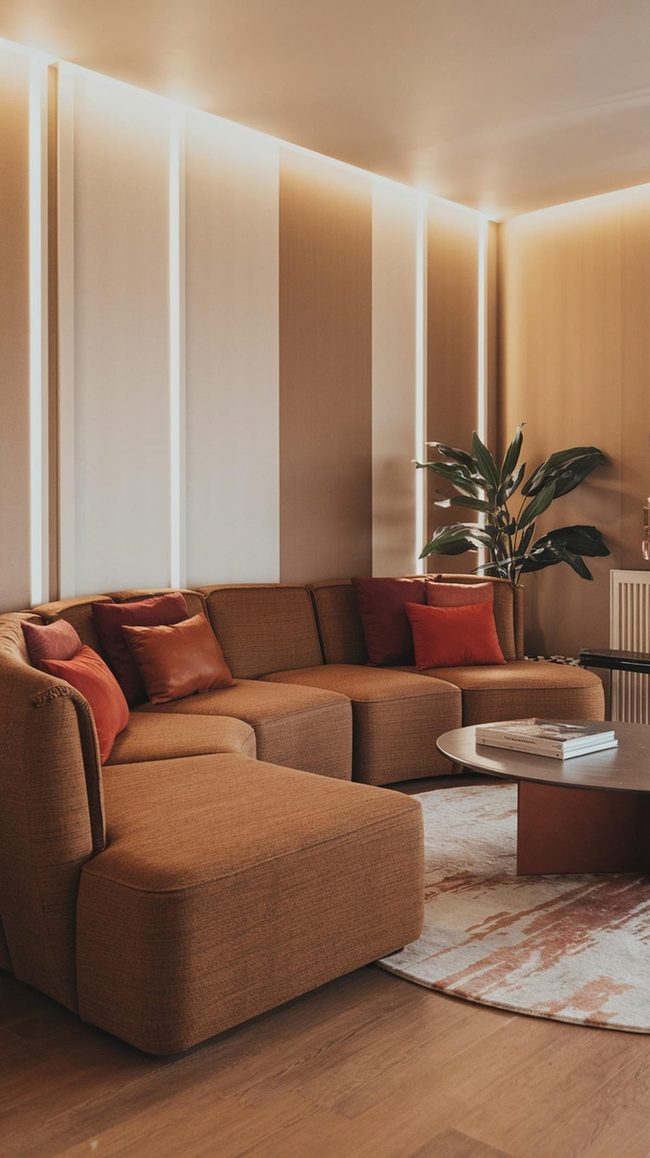 Curved Velvet Sectionals In Terracotta