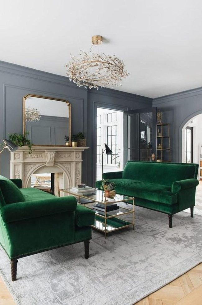 Green Velvet Luxury Meets Gray Walls