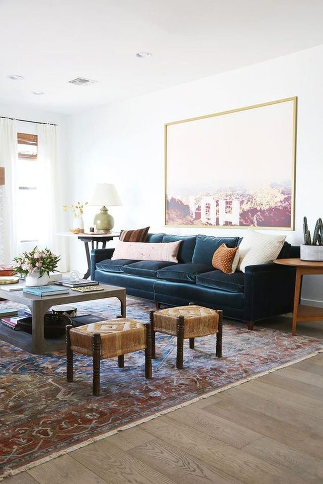 Deep Blue Sofa, White Walls, Natural Light