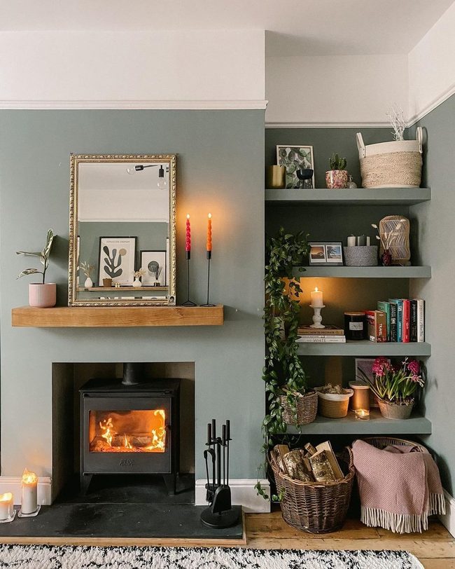 Fireplace Warmth Meets Soft Green