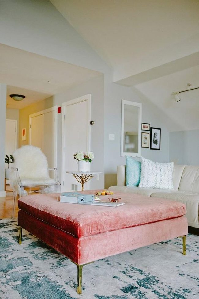Pink Velvet Ottomans And Soft Neutrals